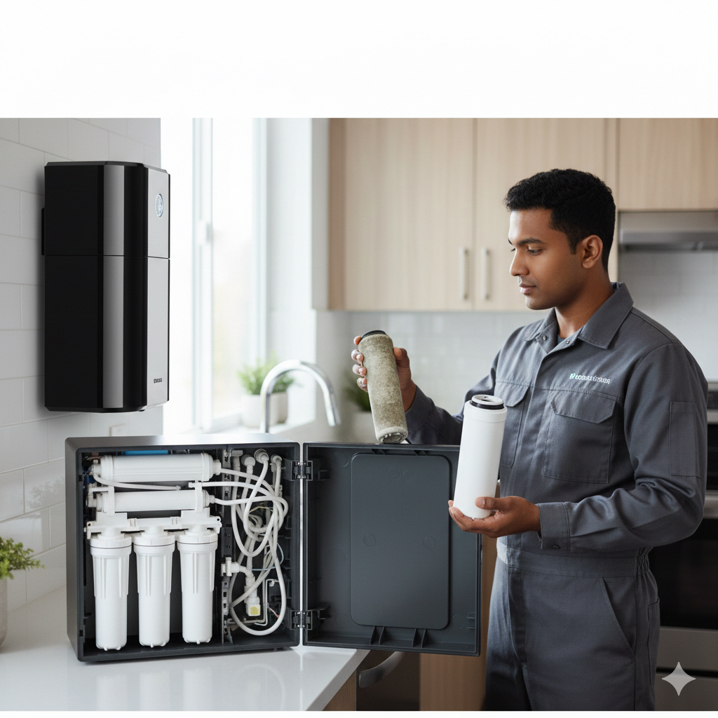 RO membrane replacement showing old and new cartridge causing high TDS after RO