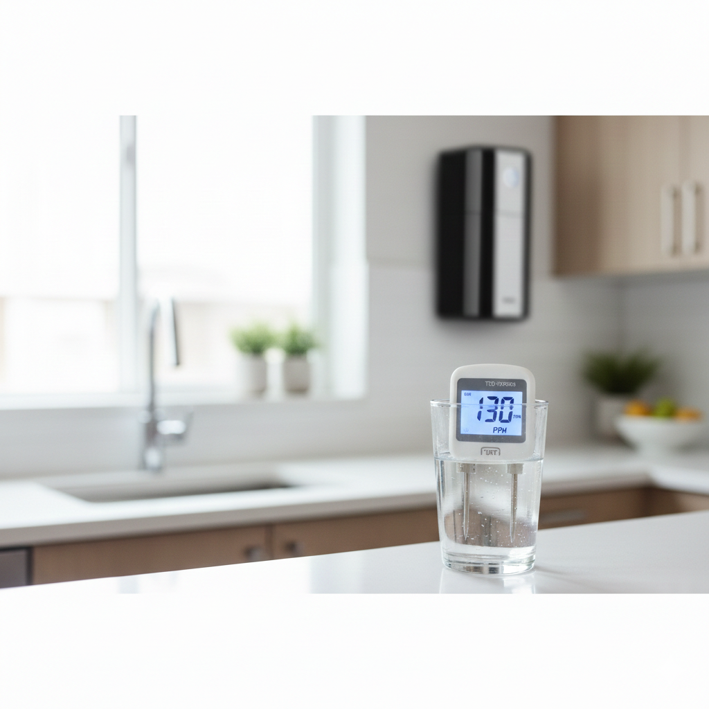 Digital TDS meter measuring dissolved solids level in drinking water glass