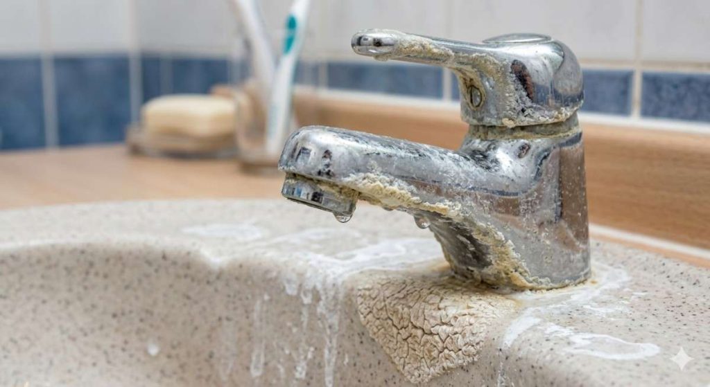 limescale buildup from hard water on faucet
